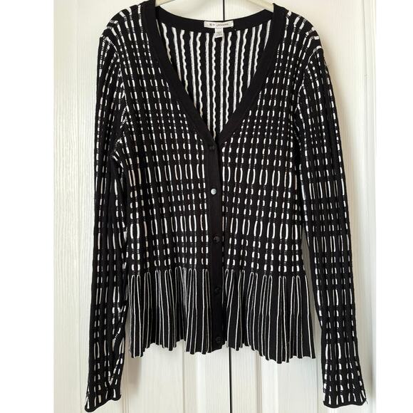 ST. JOHN Black & White Peplum Cardigan Sweater Size L